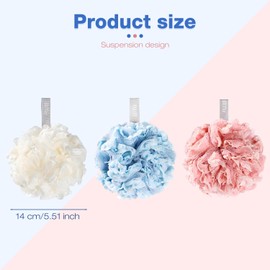 3-Pack Eco-Friendly Loofah – Soft Mesh Shower Sponge with Lace Trim & Hanging Loop – Fluffy Bath Scrunchie for Rich Lather & Deep Cleansing – Durable Shower Puff for Women & Men (White, Blue