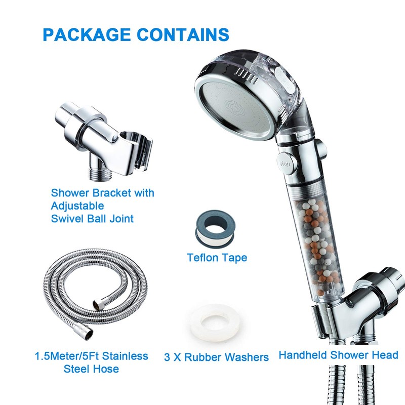 Filtered Shower Head with Purifying Beads – 3 Function High