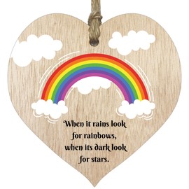 When it Rains Look for Rainbows Hanging Light Wood Wooden Heart Sign Plaque, Ladies Bestfriend Birthday Gifts for Her, Positive Inspirational Gift, Best Friend Cheer Up Friendship Gifts for Women