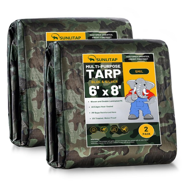 SUNLITAP 2 Pack Camouflage Tarp 6' x 8' Multipurpose Waterproof