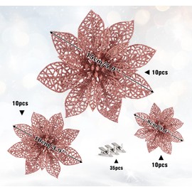 ilauke 30Pcs Christmas Poinsettia Artificial Flowers, Glitter Poinsettia Flower, Christmas Tree Ornaments, Glitter Fake Flower for Wedding Christmas Decorations, Xmas Garland Wreath Decor, Rose Gold