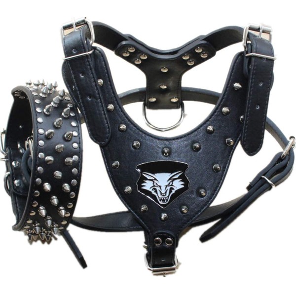 haoyueer Leather Studded Dog Collars Medium Large Dog Harness Matching