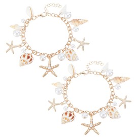 HOBBIESAY 2Pcs 18.5cm Shell Bracelet Starfish Bracelet Ocean Life Bracelets Boho Summer Beach Bracelets Beach Jewelry with Pearl Alloy Golden for Women Summer Souvenirs Jewelry Gift