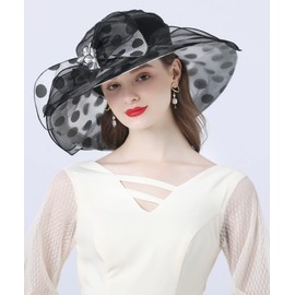 Z&X Women Organza KY Derby Church Hat Polka Dots Wide Brim Sun Caps for Wedding Tea Party Fascinator Hat Black