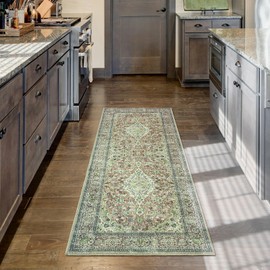 Goideal Washable Rug 2x6 Runner Rug, Green Non Slip Vintage Floral Rugs Soft Retro Indoor Low Pile Carpet for Living Room Bedroom Kitchen Bathroom Entryway