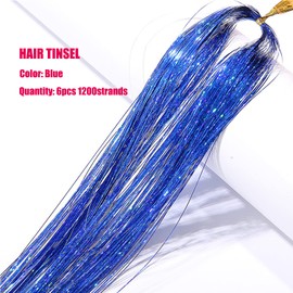 Blue Hair Tinsel Kit with Tool 6pcs 1200 Strands Glitter Tinsel Hair Extensions Heat Resistant Sparkling Shiny Fairy Hair Accessories for Women Girls Kids 47Inch