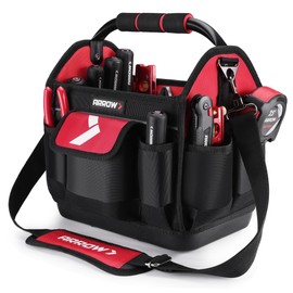 ARROW 12" Tool Tote with Waterproof Hard Base, Electrician Tool Bag with 19 Pockets, 840D Oxford Fabric, Open Top Tool Bag for Plumber Mechanic HVAC Automotive
