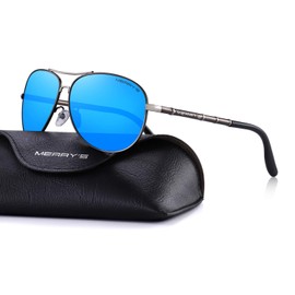 MERRY'S Polarized Sunglasses Men's Driver Glasses Bamboo Leg S8766 (Blue Mirror, 62