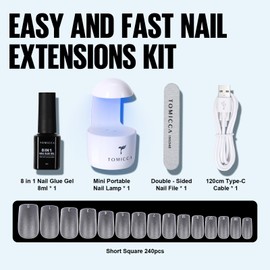 TOMICCA Nail Tips and Glue Gel Kit,Nail Extension Kit-4 In 1 Nail Glue and Base Gel,240Pcs Short Square Nails with Portable LED Nail Lamp DIY Nail Art Acrylic Nail Starter Kit Gifts Set