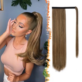 BARSDAR Wrap Around Straight Ponytail Extensions - 18 Inch Long Straight Ponytails for Women, Clip in Ponytail Hair Extensions Synthetic Pony Tails Hairpieces - Brown with Honey Blonde