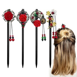 4 Pack Chinese Wooden Hair Stick for Buns Retro Hair Chopsticks Red Flower Beads Styling Vintage Tassel Hair Stick Hair Accessories for Women and Girls Thin Hair (Red)