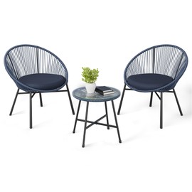 3 Pieces Outdoor Acapulco Chair Patio Bistro Set, All-Weather Acapulco Chairs with Glass Top Table, Modern Patio Conversation Chairs Set of 2 for Balcony, Pool, Garden, Backyard, Blue