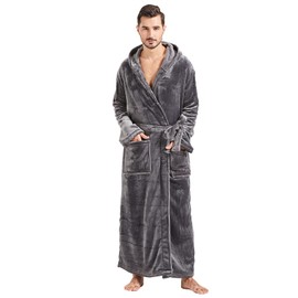 FashGudim Mens Hooded Plush Bathrobe Full Length Fluffy Bathrobe for Big and Strong Men Warm Fleece Bathrobes, gray