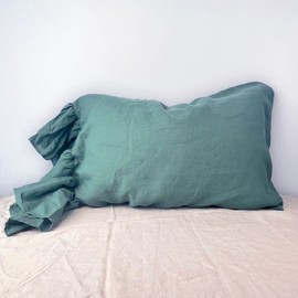 ESASILK Green Ruffles Linen Pillowcase, 100% French Linen Pillow Cover, King Size 1 Piece Farmhouse Shabby Chic Pillow Case, 20''x36'' Pillowcase with Decorative Ruffle Envelope Closure