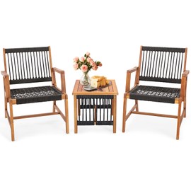 Tangkula 3 Pieces Acacia Wood Outdoor Furniture Set, All-Weather Rope Woven Bistro Set with Armchairs and Coffee Table, Patio Conversation Set for Front Porch, Deck, Balcony