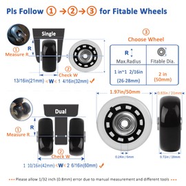 Luggage Wheels Replacement Kit, 50mm Suitcase Wheels with Screws Axles Bearings, 3 Length Axles for Suitcase and Travel Bags Caster Repair