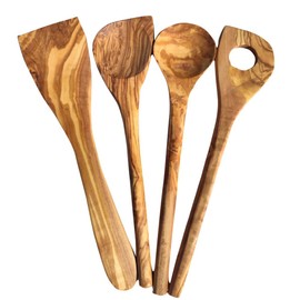 4 High-Quality Cooking Spoons - Set of 4 Olive Wood - Round + with Corner + Spatula + Risotto Spoon (Set of 4)