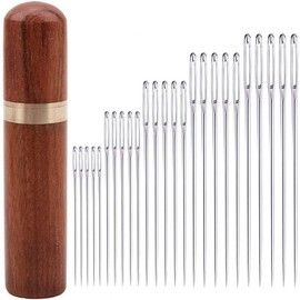 25 Pieces Large-Eye Blunt Needles and Sandalwood Needle Cylinder, Handmade Yarn Knitting Needles,Stainless Steel Embroidery Needles, With solid wood needle box