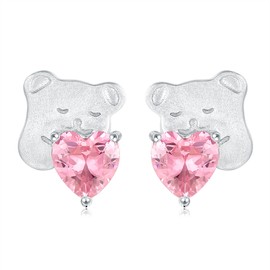 Silver Bear Heart Stud Earrings - 925 Sterling Silver Cute Bear Stud Earring for Women, Sparkling Love Heart Ear Jewelry Christmas Gifts for Her