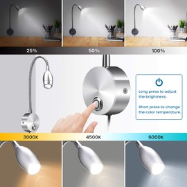 LED Reading Lamp Gooseneck Lamp Bed Lamp Reading Light with Dimmable 3 Colour Temperatures 3 W Bed Light with Switch Touch Switch Reading Light for Bedroom Office Desk Bed