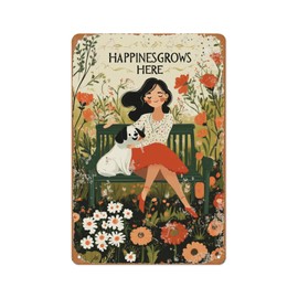 Funny Garden Decor Gardening Sign Gardener Gift Woman With Her Dog Happiness Grows Here Metal Aluminum Sign for Garden Greenhouse 8x12 Inch
