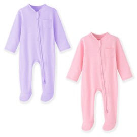 BINIDUCKLING Baby Boys Girls Double Zip Up Sleepsuit - Two-Way Zipper, Baby Footed Pajamas with Mitten Cuffs - Cotton Long Sleeve Onesie for Baby Grows 9-12 Month, Purple and Pink