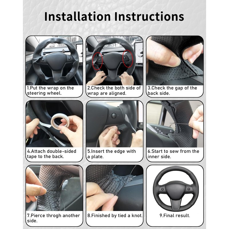 Belinous Leather Steering Wheel Cover Lace Up, Genuine Leather Hand