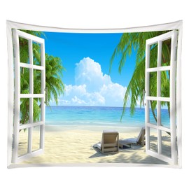 Get orange Beach Tapestry Palm Trees In Ocean Heaven Sunbeds Balcony White Wooden Windows Summer Tropical, Wall Hanging For Bedroom Living Room Dorm 80x60 Inch