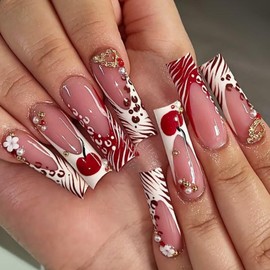 French Tip Press on Nails Cherry Fake Nails Long Square False Nails with Pearl Design Flower Glue on Nails Artificial Acrylic Speing Nail Full Cover Stripe Stick on Nails for Women Manicure 24Pcs