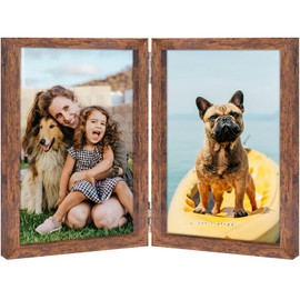 5x7 Double Picture Frame Vertical Wooden Hinged Photo Frames 2 Opening Folding Collage with Definition Glass, Brown