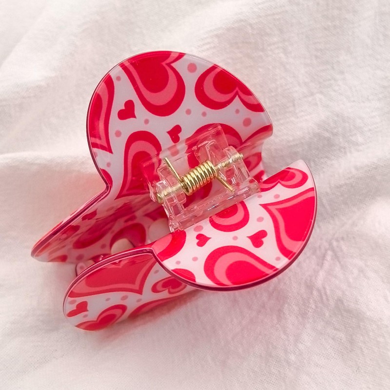 Heart Pattern Print Heart Shape Hair Claws 2.6" Pink Hair