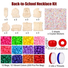 Aneco 24 Sets Back to School Beads Necklace Making Kit DIY Necklace with 8 Styles Pendants Colorful Beads Stickers for First Day of School Party Supplies Class Funny DIY Art Activities