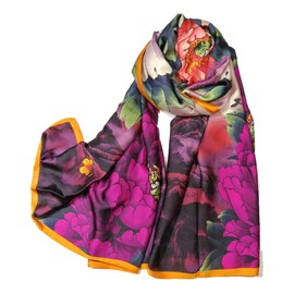 Shanlin Silk Feel Long Floral Satin Scarves for Women in Gift Box (Purple Peony)