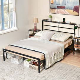 Full Size Metal Bed Frame with Led Lights and Charging Station, Mattress Foundation with Steel Slat Support, Iron-Art Headboard and Footboard, Storage Shelves, Under Bed Storage, Noise Free, Black