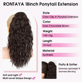 RONTAYA Ponytail Extension, 18 Inch Dark Brown Claw Clip Ponytail Extensions for Women, Multi Layered Fluffy Thick Wavy Jaw Clip in Fake Pony Tails Fake Hair Soft Synthetic Hairpiece
