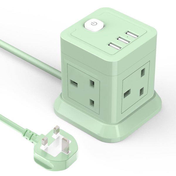 Cube Extension Lead with USB Slots, BEVA 4 Way Multi Plug Power Strip with 3 USB Ports (5V/2.4A), Desktop Power Extension Socket with 1.5M Extension Cords for Home Dorm Office Travel-Green