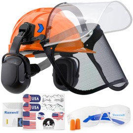 Raxwell Orange Chainsaw Safety Helmet – ANSI Certified 6-in-1 Forestry Hard Hat with Ear Muffs, 2 Visors, Goggles & Earplugs – 30dB Noise Reduction – Adjustable PPE for Arborists, Logging & Tree Work
