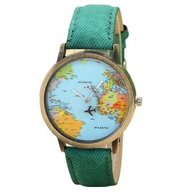 Unisex Retro Bronze Case Global Travel by Plane World Map PU Leather Band Quartz Watch (Green)