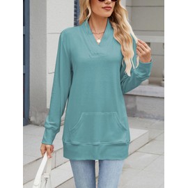 Famulily Womens Long Sleeve Tops Fall Ribbed Hem V Neck Loose Fit Tunics to Wear With Leggings Blue Grey S