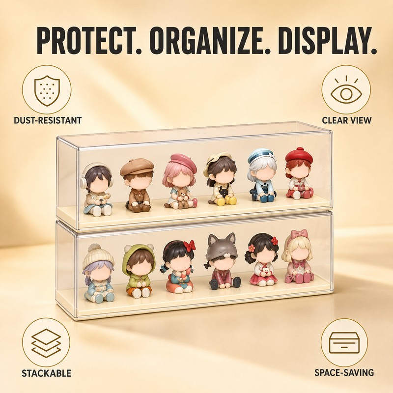 Clear Stackable Doll Display Case, Dustproof Plastic Storage Box for