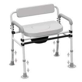 Adjustable Medical Bedside Commode Chair with Padded Backrest, Drop Arm Support