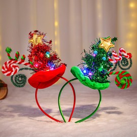 REETAN Light up Christmas Tree Headband Sparkly Elf Hair Band LED Xmas Party Headpiece Accessory for Women and Girls(Green&Red)