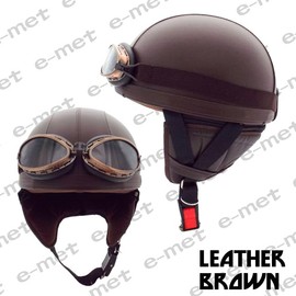 EH-46 Leather Helmet, Free Half Vintage Motorcycle Motorized Shield, Stylish, E-met Bikers, Under 4.2 fl oz (125 cc) (Leather Brown)
