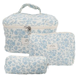 mumisuto Large Quilted Makeup Bag, 3Pcs Cotton Quilted Toiletry Bag Floral Makeup Bag Large Travel Cosmetic Bags Cute Quilted Cosmetic Bag for Women Ladies Girls (Blue)