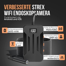 Strex Endoscope Camera 5 m - Android/iOS - IP68 Waterproof - 1080P HD - LED Lighting - Endoscope - Inspection Camera - Borescope - Inspection with Phone