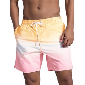 MADHERO Mens Swim Trunks Short Bathing Suit with Mesh Lining Swimming Shorts Yellow Pink Size M