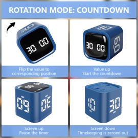 Foyucool Cube Timer, Rotation Pomodoro Timer for Adults, 5-10-30-60 Minutes & Custom Countdown, Vibration & Adjustable Volume Alert, for Classroom Study Office Kitchen Desk, Blue
