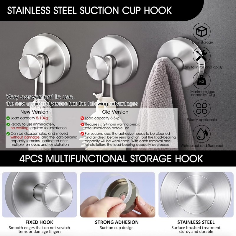HYSDFCAZM Stainless Steel Glue-Free Suction Cup Hooks, Waterproof & Rustproof,