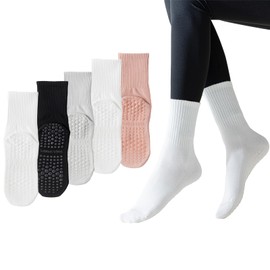 Yoga Pilates Socks Non Slip Grip Socks for Women (5 Pairs) Non Skid Gripper Crew Socks for Yoga Hospital Pilates Barre Home(Color 2)
