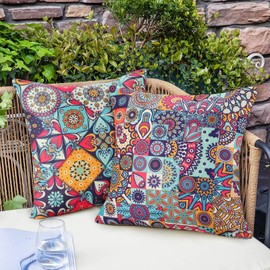 Velvhom Set of 4 Mandala Cushion Covers 16x16 Inch Cotton Linen Throw Pillowcases Outdoor Square Decorative 40 x 40 cm Waterproof Boho Pillow Cases for Farmhouse Garden Patio Floral Outdoor Cushions
